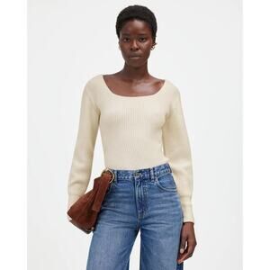 Madewell Soft Wool Square-Neck Pullover Sweater Sz L Cream Ribbed Blouson Sleeve